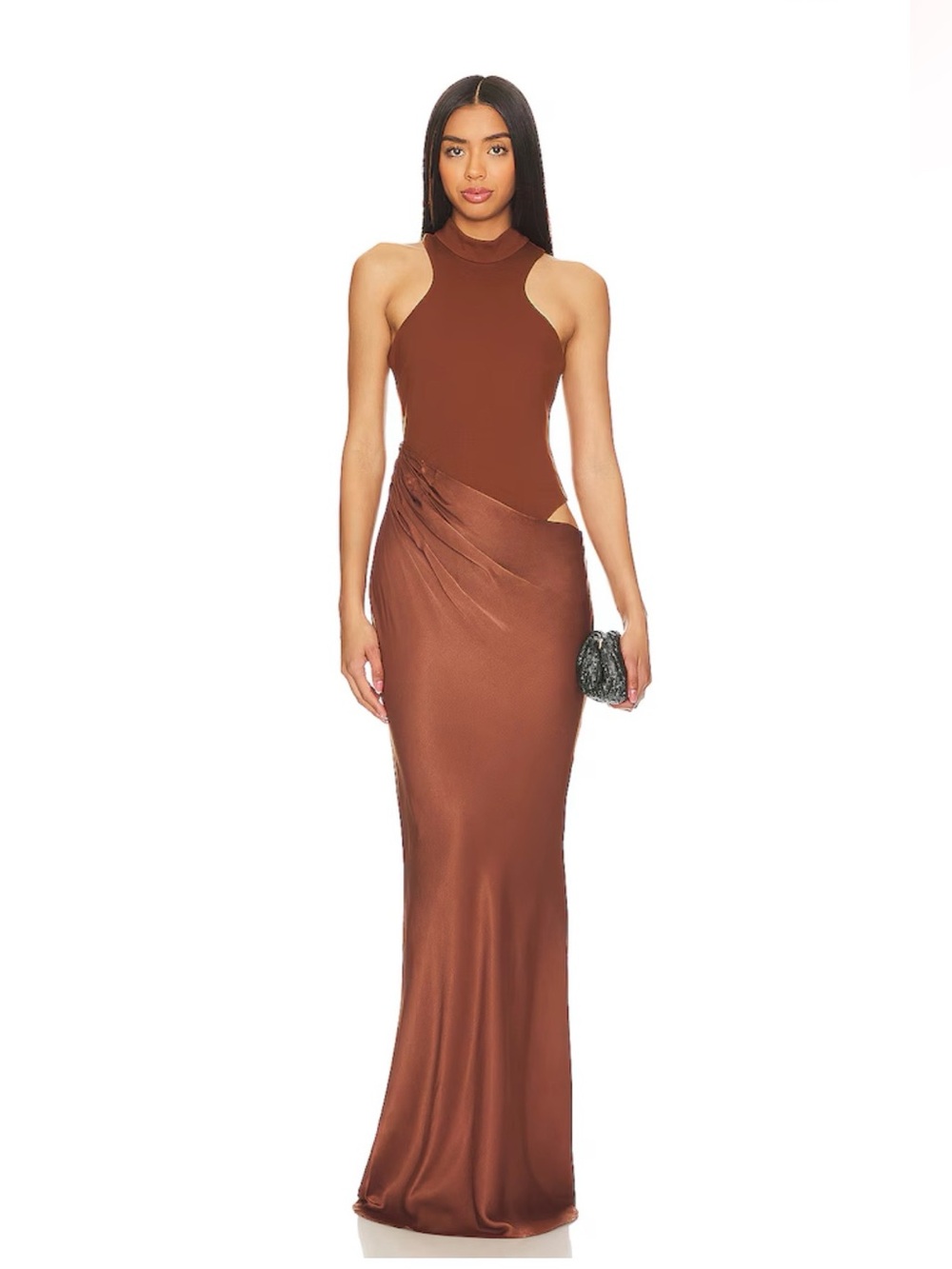 Camila Coelho One-Shoulder Brown Satin Evening Gown bodysuit dress - Picture 1 of 5